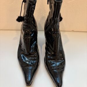 CYNTHIA ROWLEY Black Patent Heel Ankle Boots Each with Two Dangling Fur Balls; 8